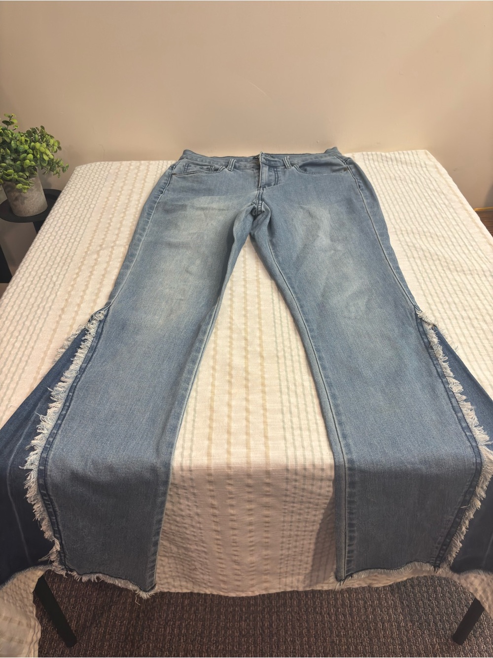 VENUS Light Blue Split-Side Frayed Wide Leg Jeans